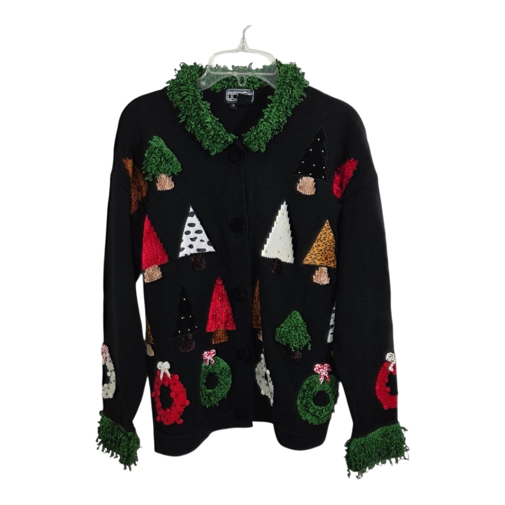 VTG Berek Ugly Christmas Holiday Cardigan Sweater Fringe Bead Boho Size Medium